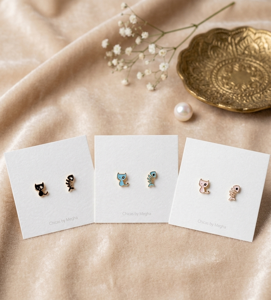 Kitty's Catch - Mismatched Cat & Fishbone Stud Earrings