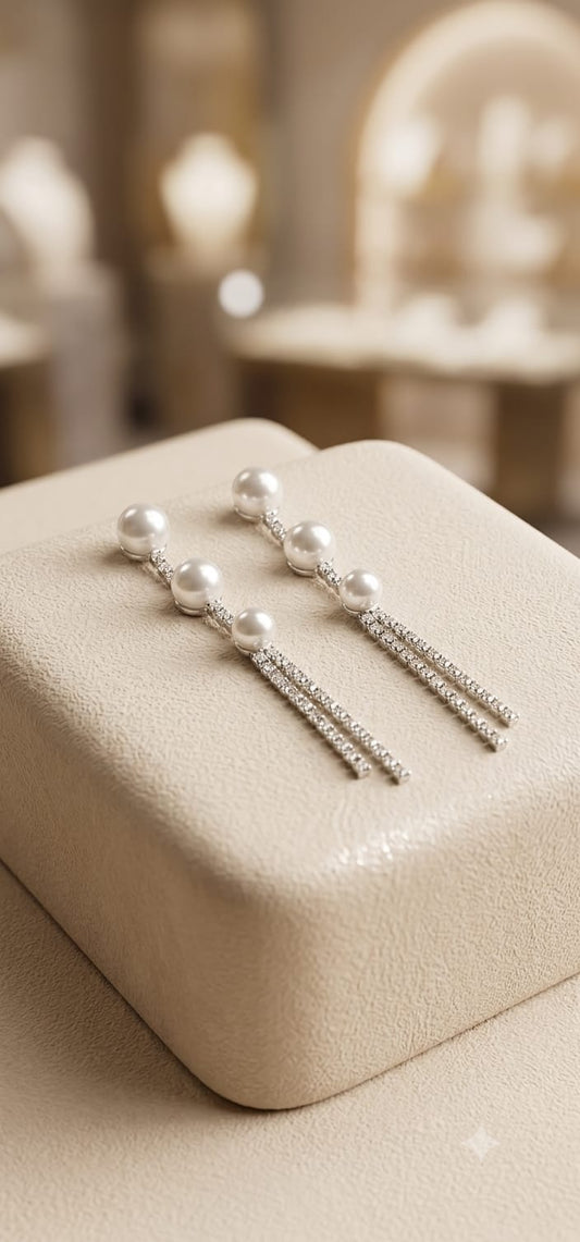 Triple Pearl Crystal Tassel Drop Earrings - Silver
