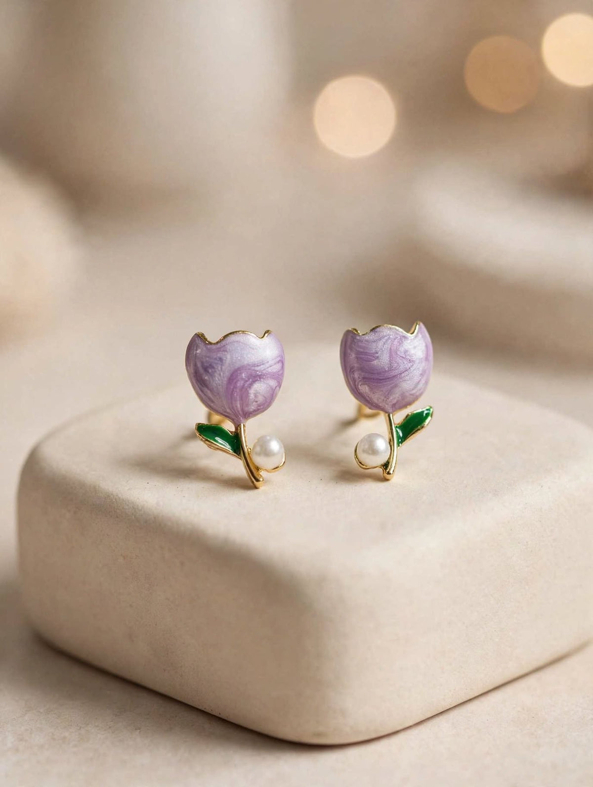 Tulip Bloom - Enamel Pearl Stud Earrings