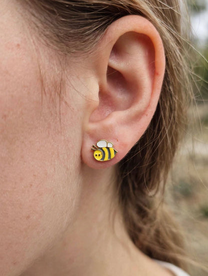 Yellow Smiley Bee Enamel Stud Earrings