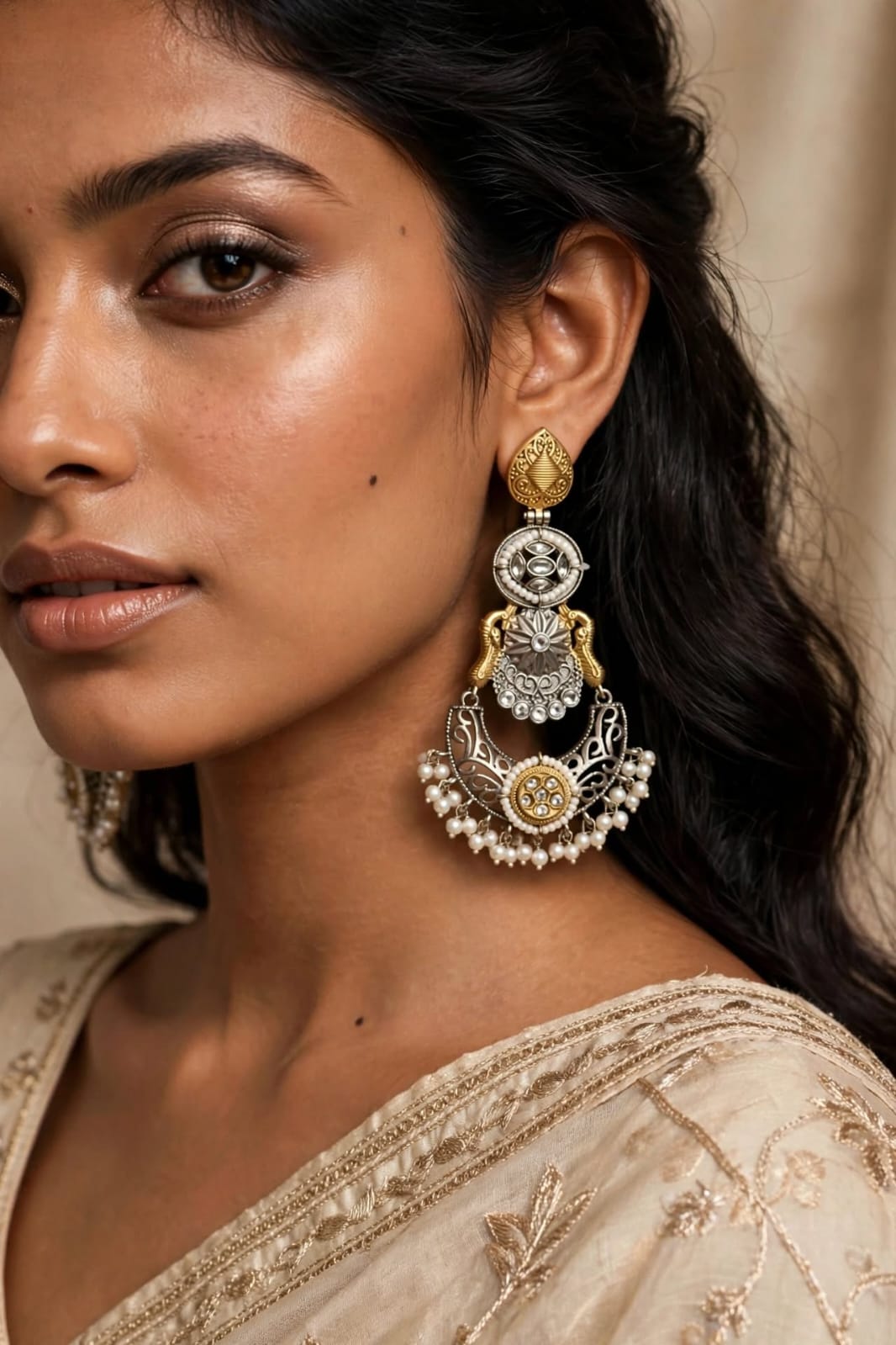 Dual Tone Kundan Pearl Crescent Long Earrings