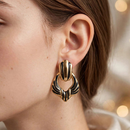 Noir Vintage Enamel Statement Earrings Gold & Black