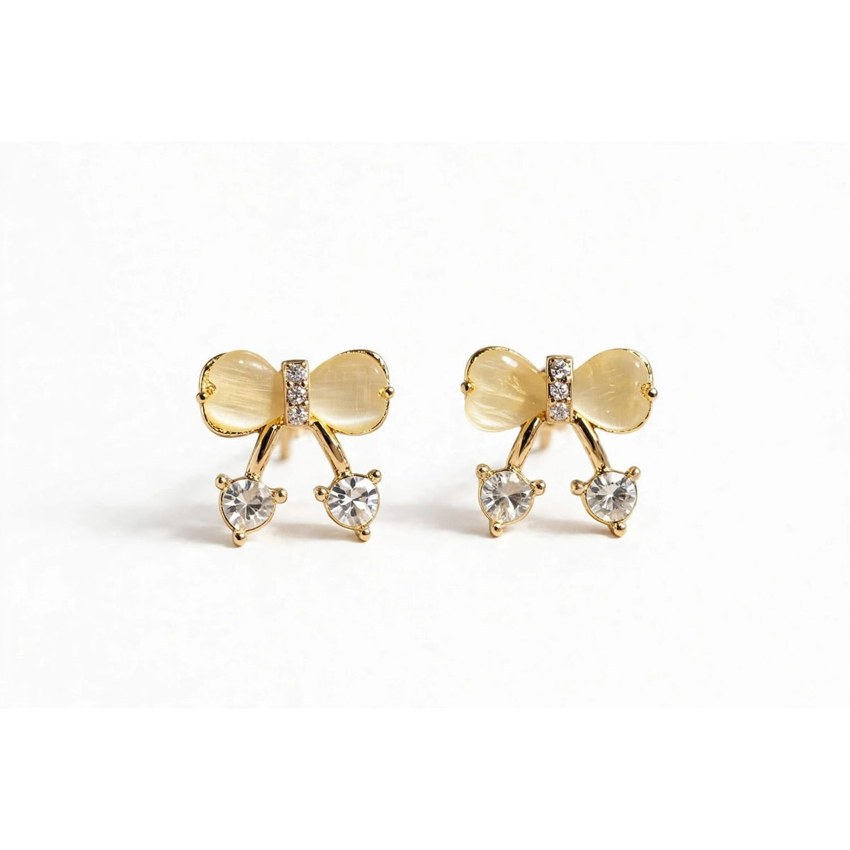 Cherry Bow - Gold Bow & Crystal Drop Earrings
