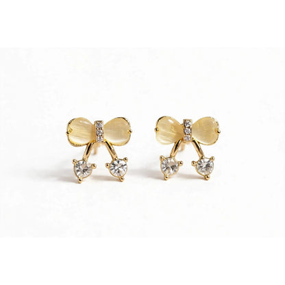 Cherry Bow - Gold Bow & Crystal Drop Earrings