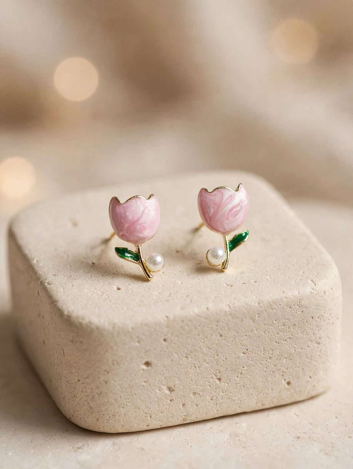Tulip Bloom - Enamel Pearl Stud Earrings