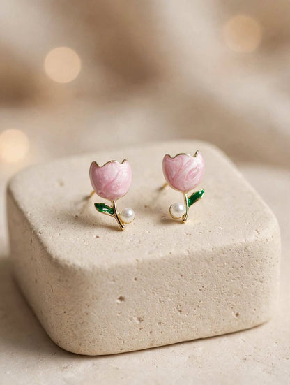 Tulip Bloom - Enamel Pearl Stud Earrings