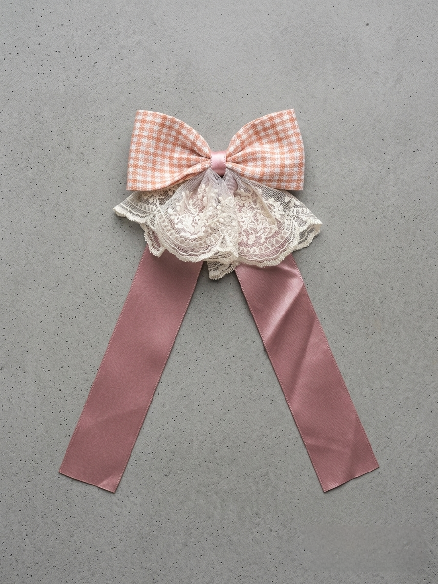 Rosé Gingham & Lace Bow