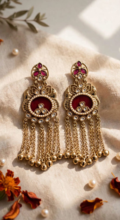 Antique Gold Kundan Tassel Jhumka Earrings