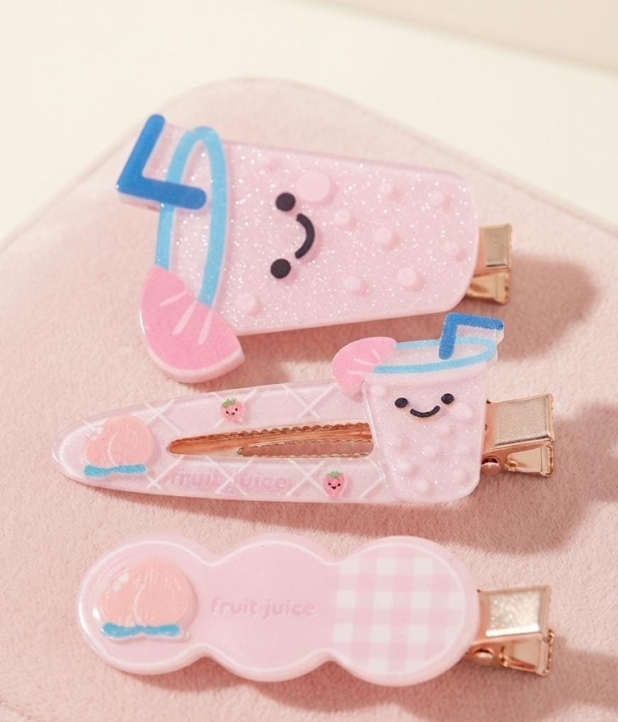 🍹 Kawaii Pink "Fruit Juice" Hair Clip Set (3-Piece)