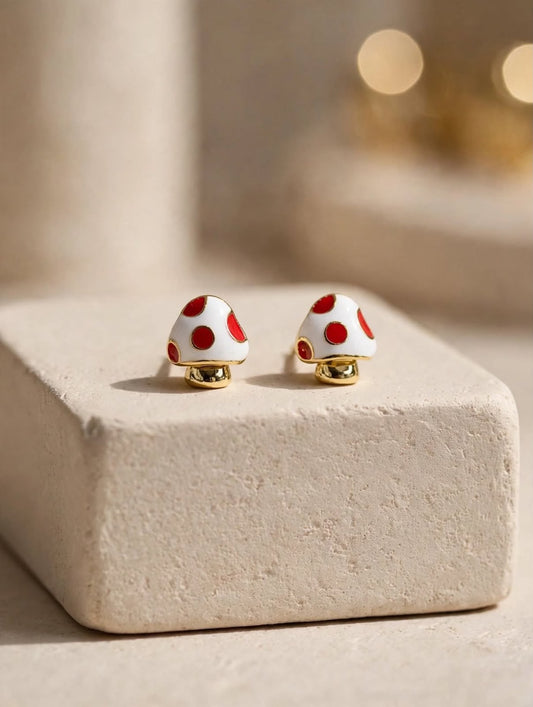 Mushroom Stud Earrings Enamel Polka Dot
