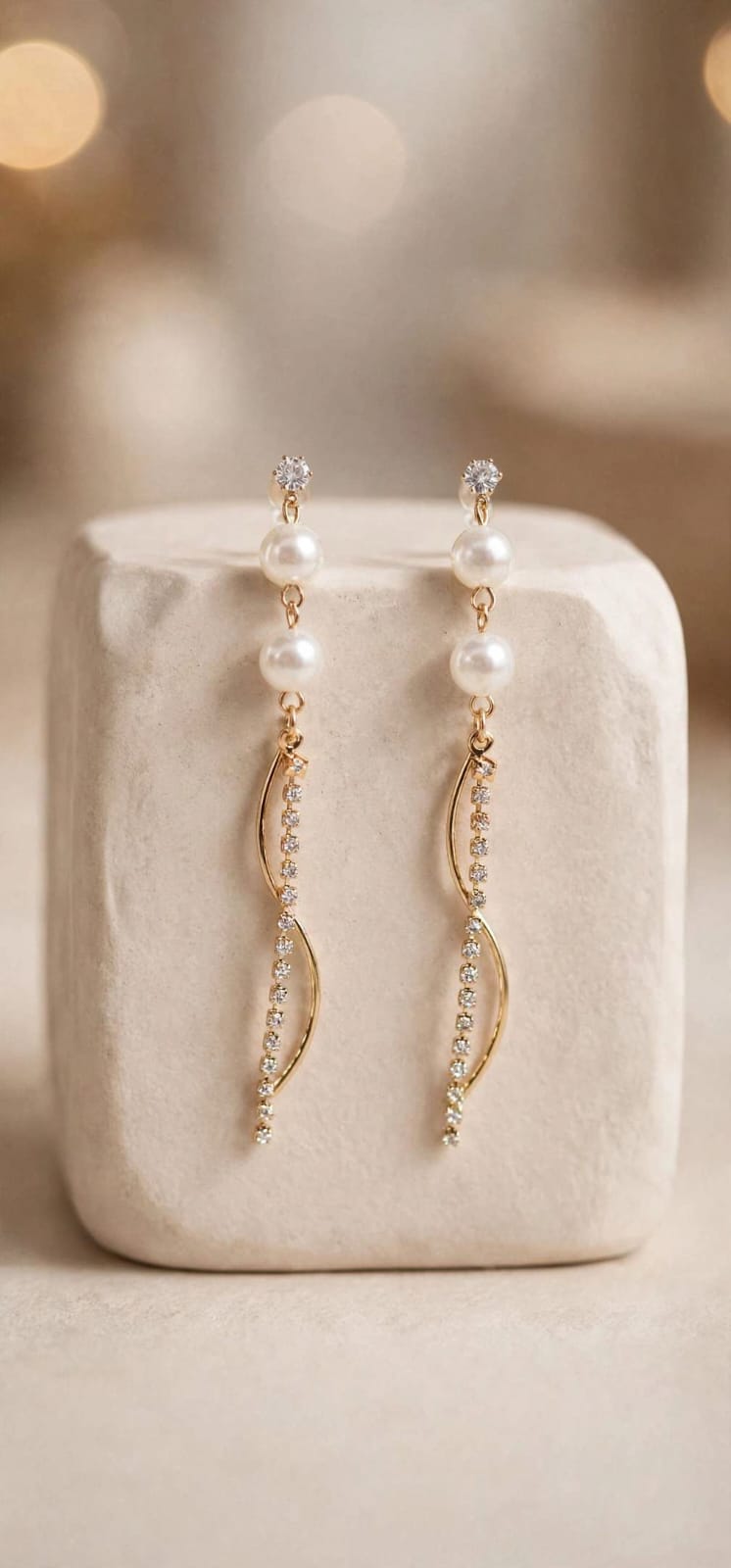 Serpentine Double Pearl Wavy Diamond Drop Earrings - Gold