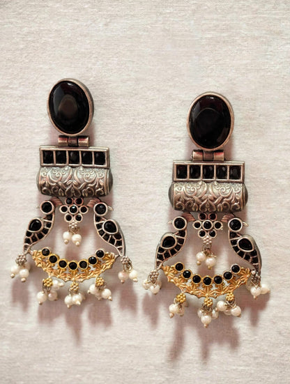 Peacock Oxidized Silver Statement Chandbalis