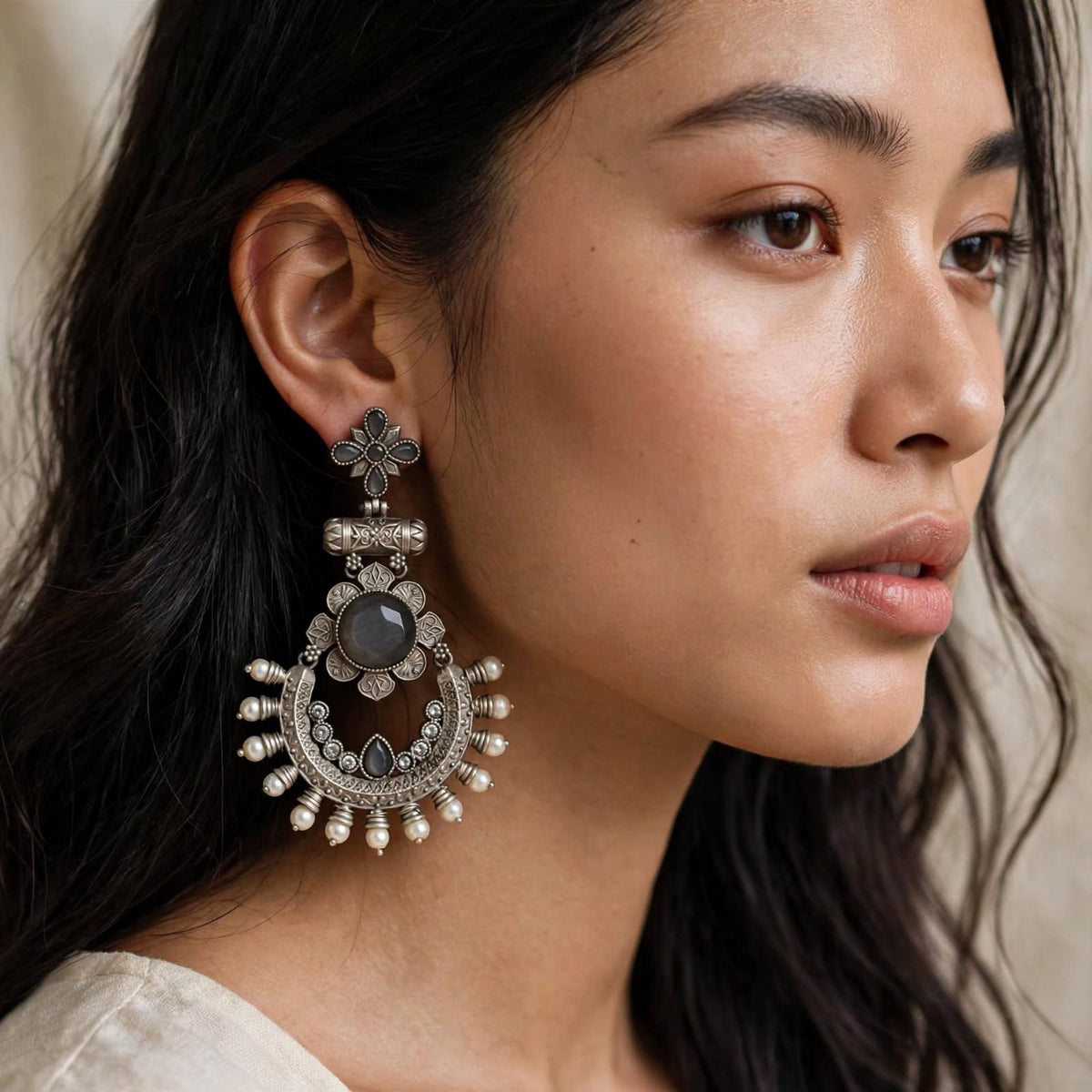 Oxidized Silver Stone Chandbali Earrings