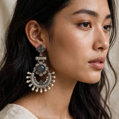 Oxidized Silver Stone Chandbali Earrings