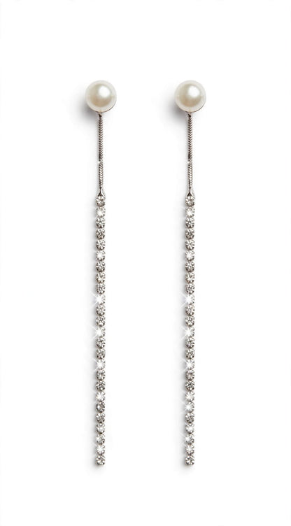 Long Rhinestone Tassel Earrings with Pearl