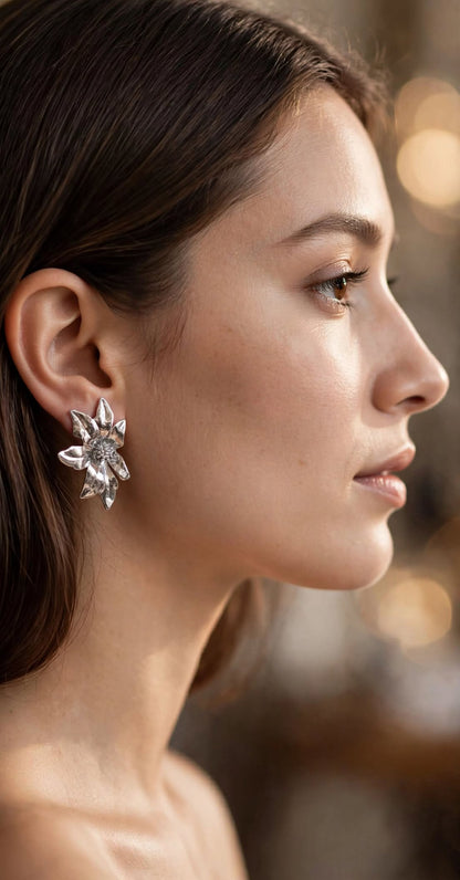 Flora Bloom Statement Stud Earrings - Silver Molten Flower