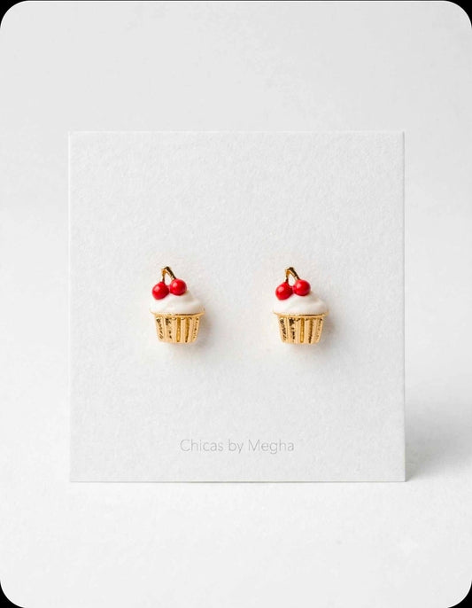 Cherry on Top - Gold Cupcake Stud Earrings