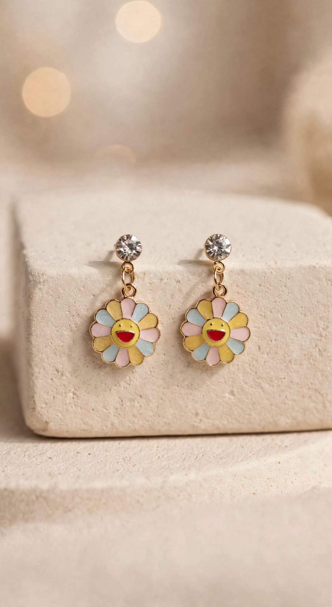Rainbow Smiley Flower Drop Earrings with Crystal Stud