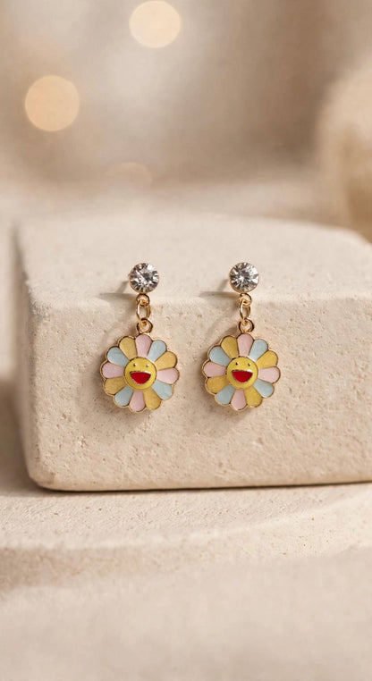 Rainbow Smiley Flower Drop Earrings with Crystal Stud