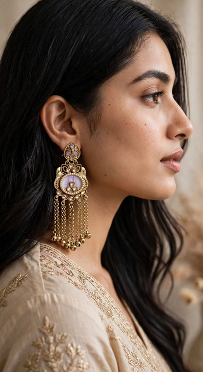 Antique Gold Kundan Tassel Jhumka Earrings