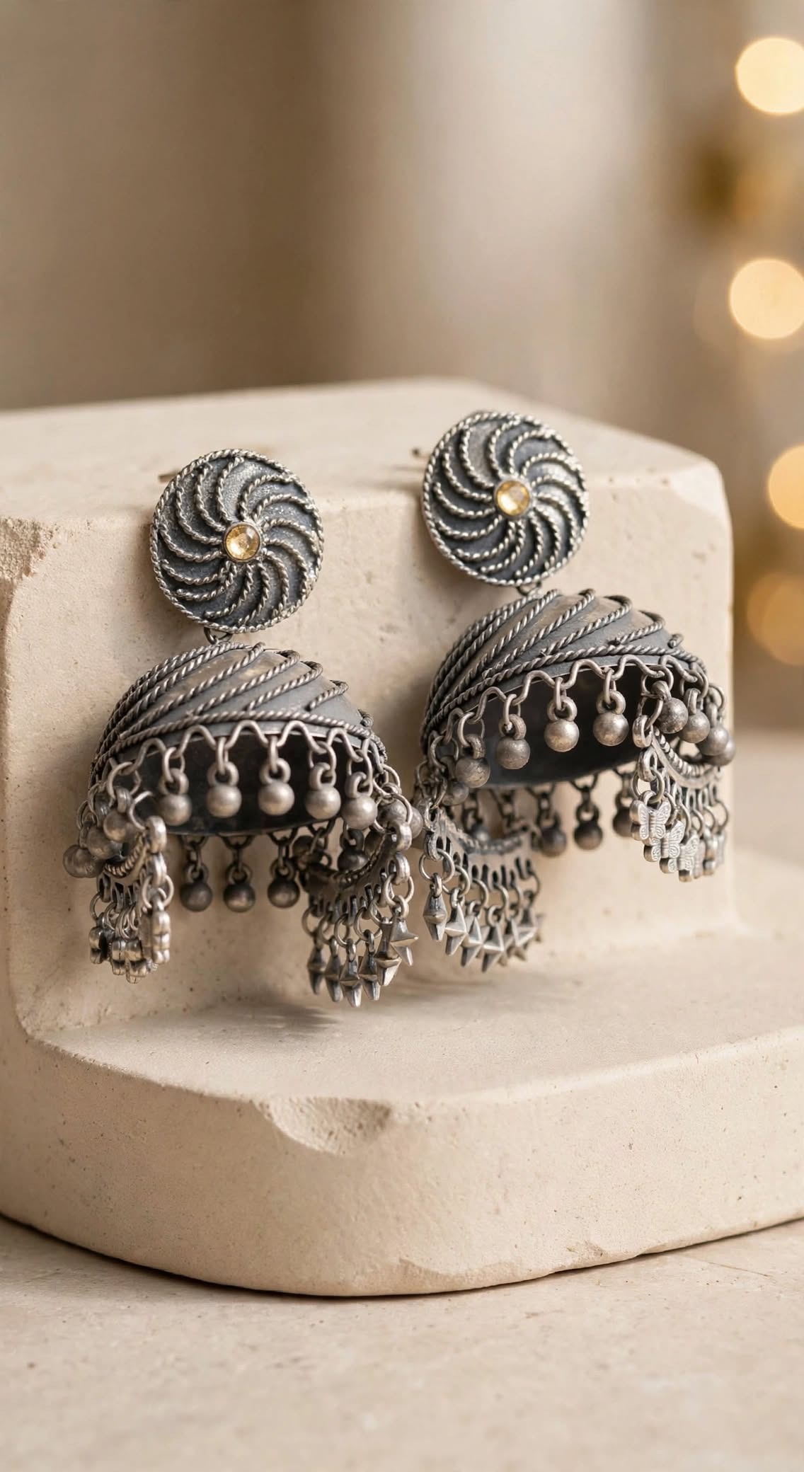 Silver Oxidized Butterfly Dome Jhumka Earrings
