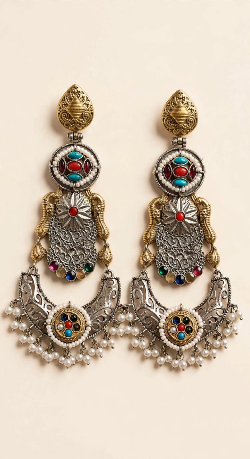 Tribal Boho Long Jhumka Earrings with Pearl Drops