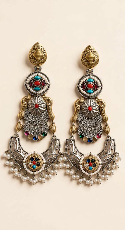 Tribal Boho Long Jhumka Earrings with Pearl Drops