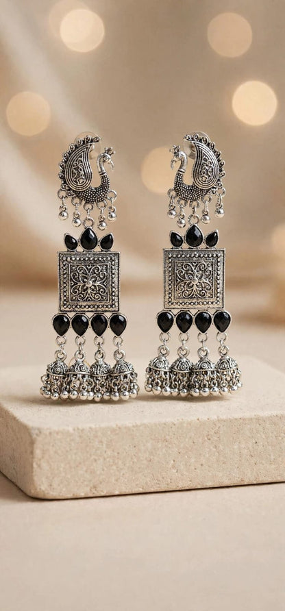 Mayura Oxidized Silver Peacock Jhumka