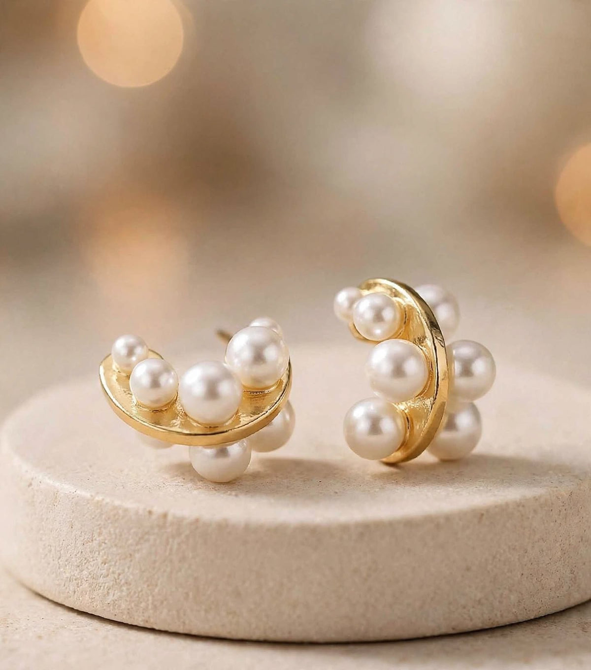 Golden Pearl Crescent Stud Earrings