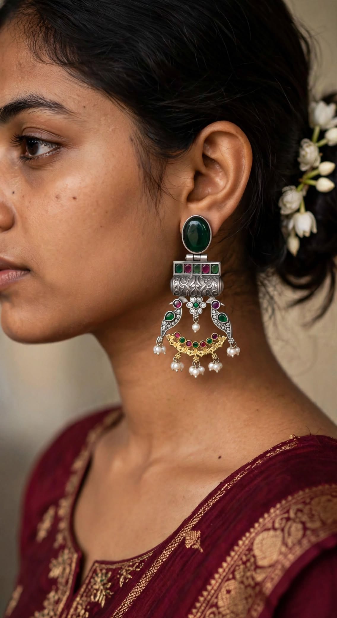Peacock Oxidized Silver Statement Chandbalis
