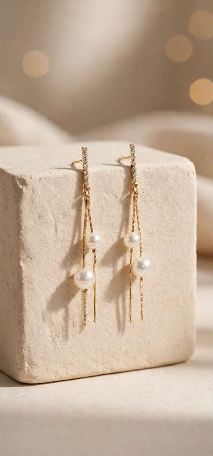Lumi Double Pearl Floating Chain Earrings - Gold