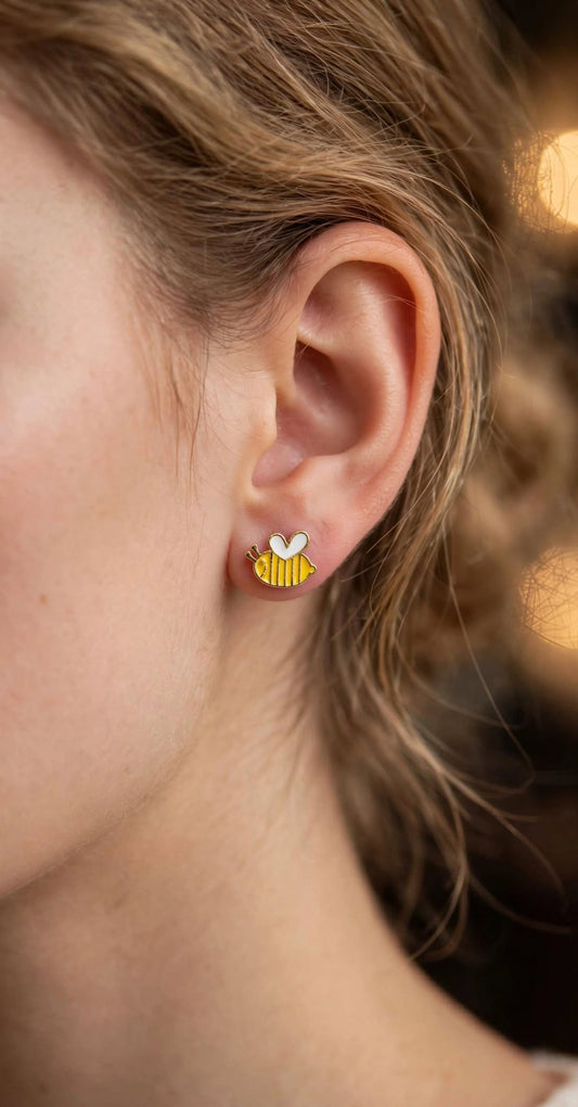 Buzzie the Bee - Yellow & White Enamel Stud Earrings