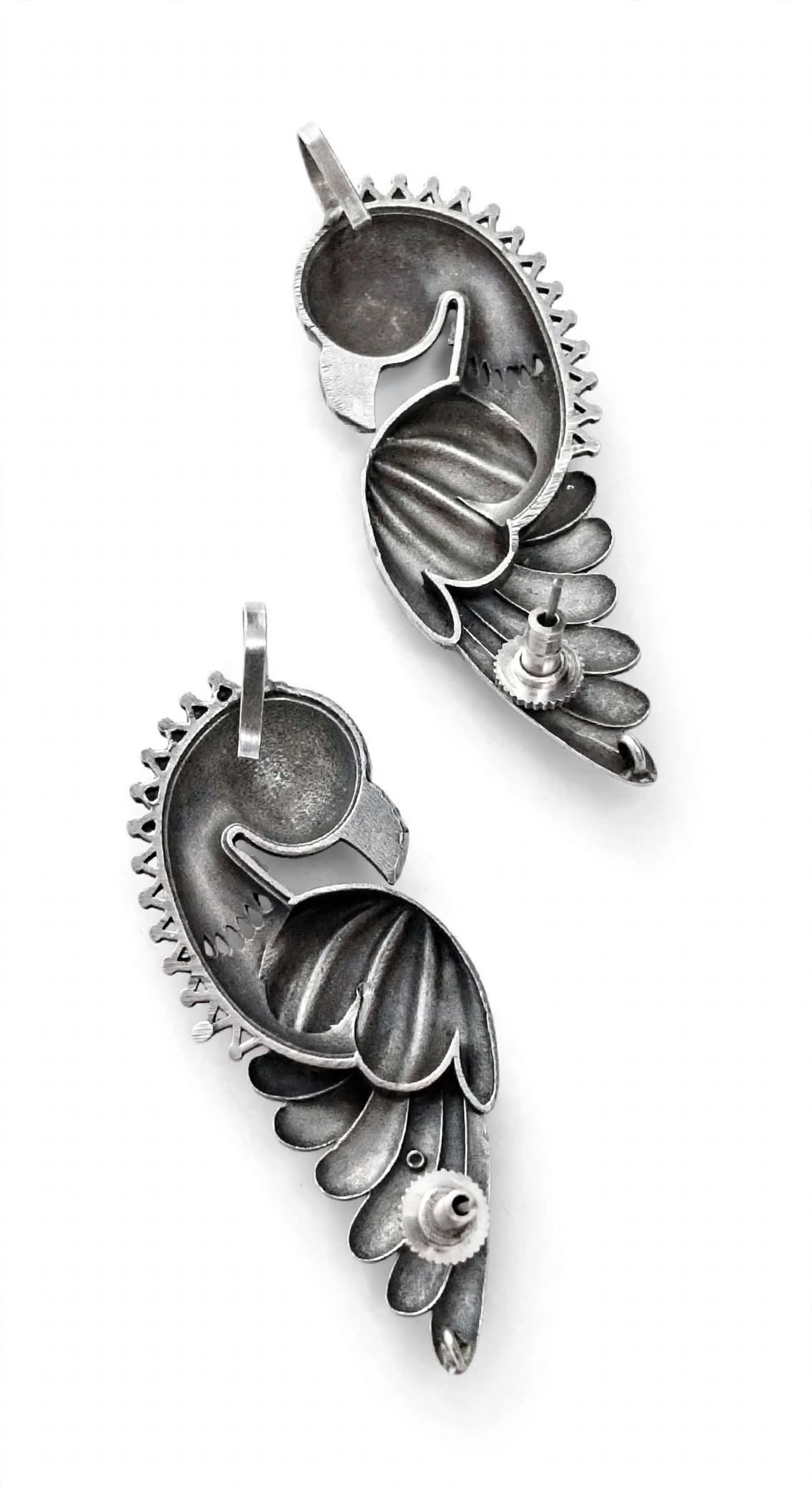 Oxidized Silver Ear Cuff Earrings - Tribal Parrot Motif