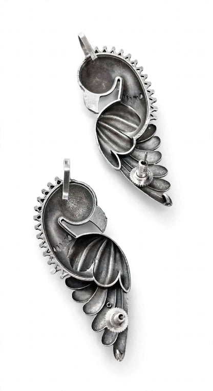 Oxidized Silver Ear Cuff Earrings - Tribal Parrot Motif
