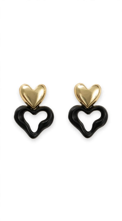Amour Double Heart Drop Earrings - Gold & Black