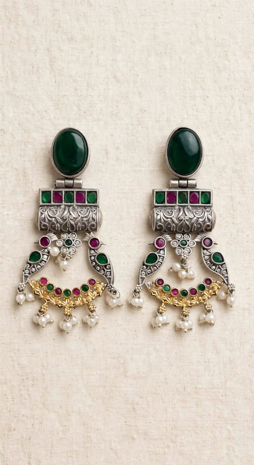 Peacock Oxidized Silver Statement Chandbalis