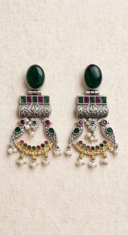 Peacock Oxidized Silver Statement Chandbalis