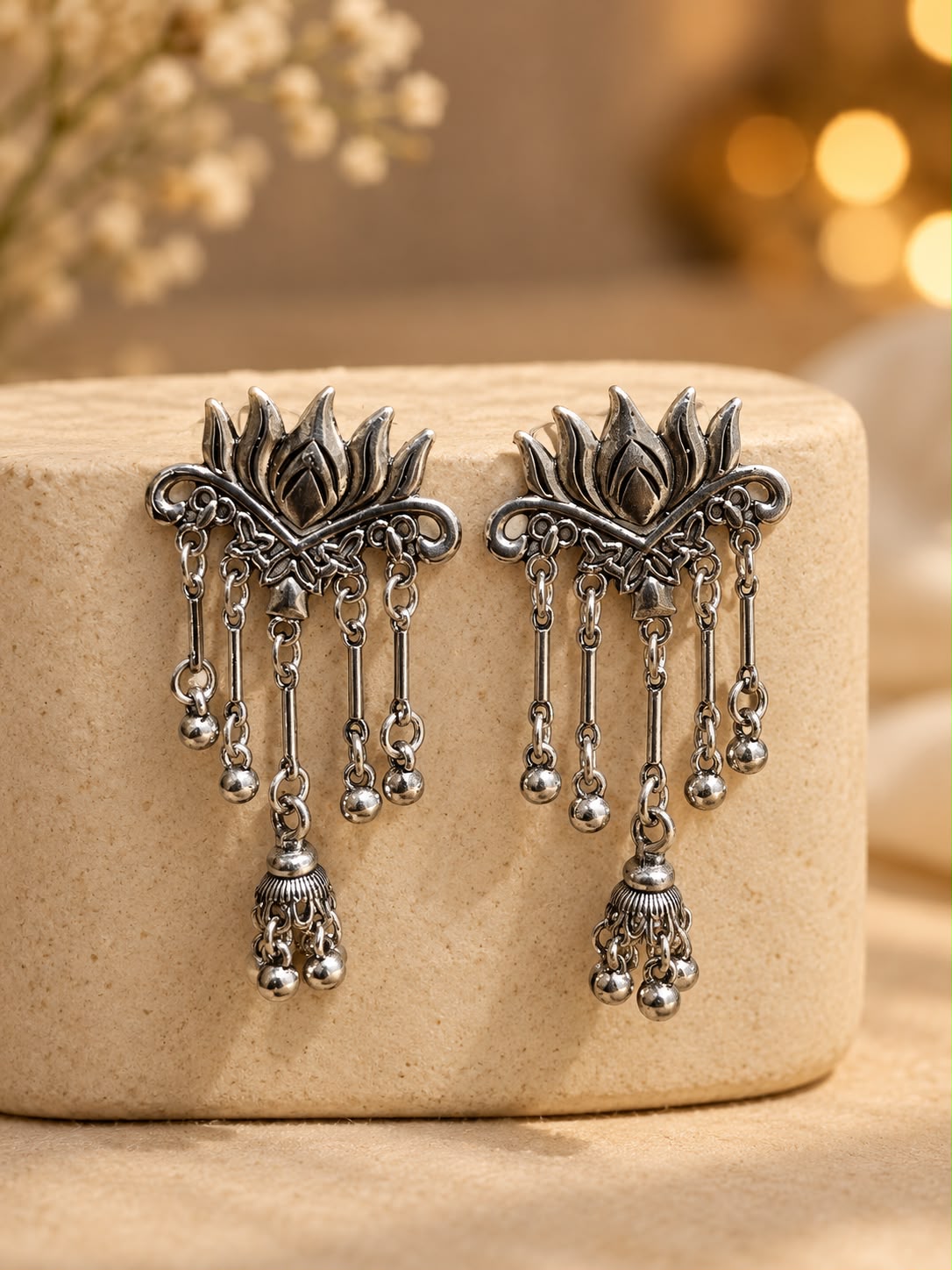 Silver Oxidized Lotus Chain Tassel Jhumka Earrings