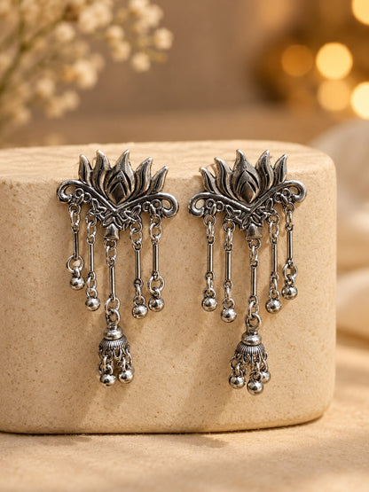 Silver Oxidized Lotus Chain Tassel Jhumka Earrings