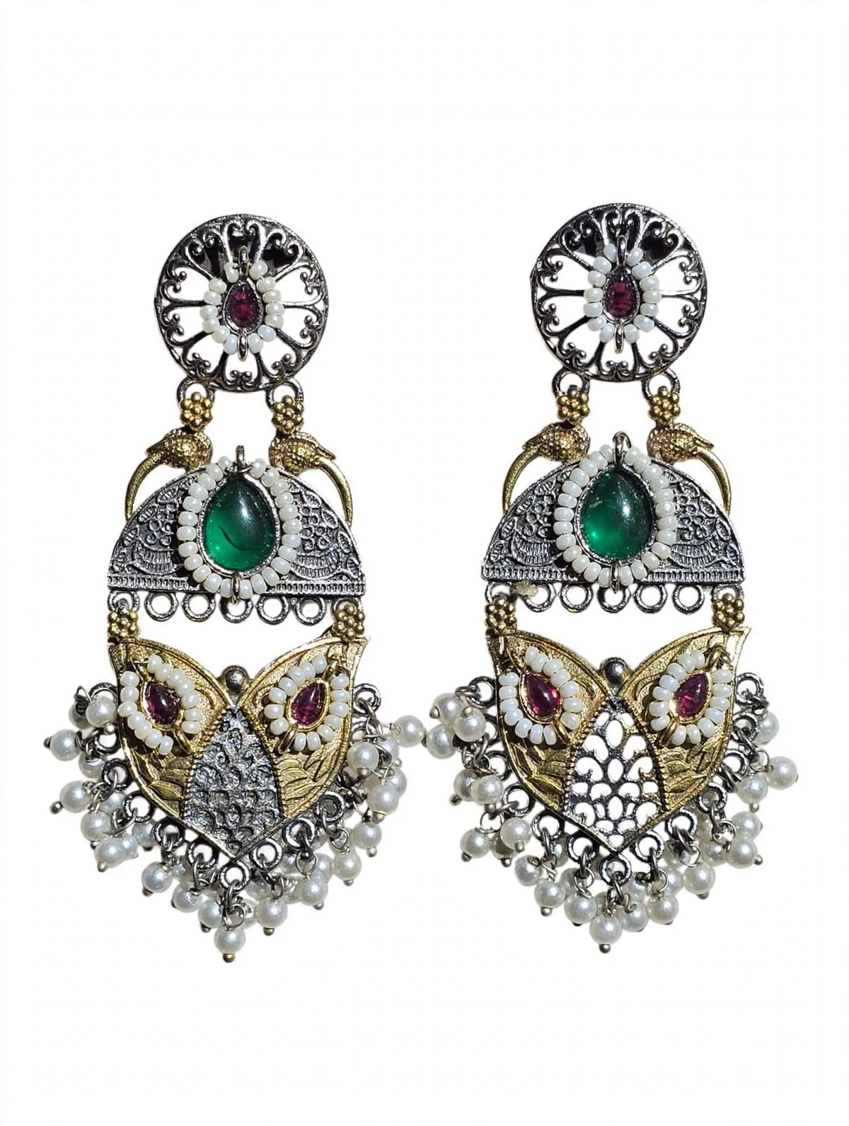 Dual-Tone Oxidized Silver Statement Jhumka Earrings with Pearls