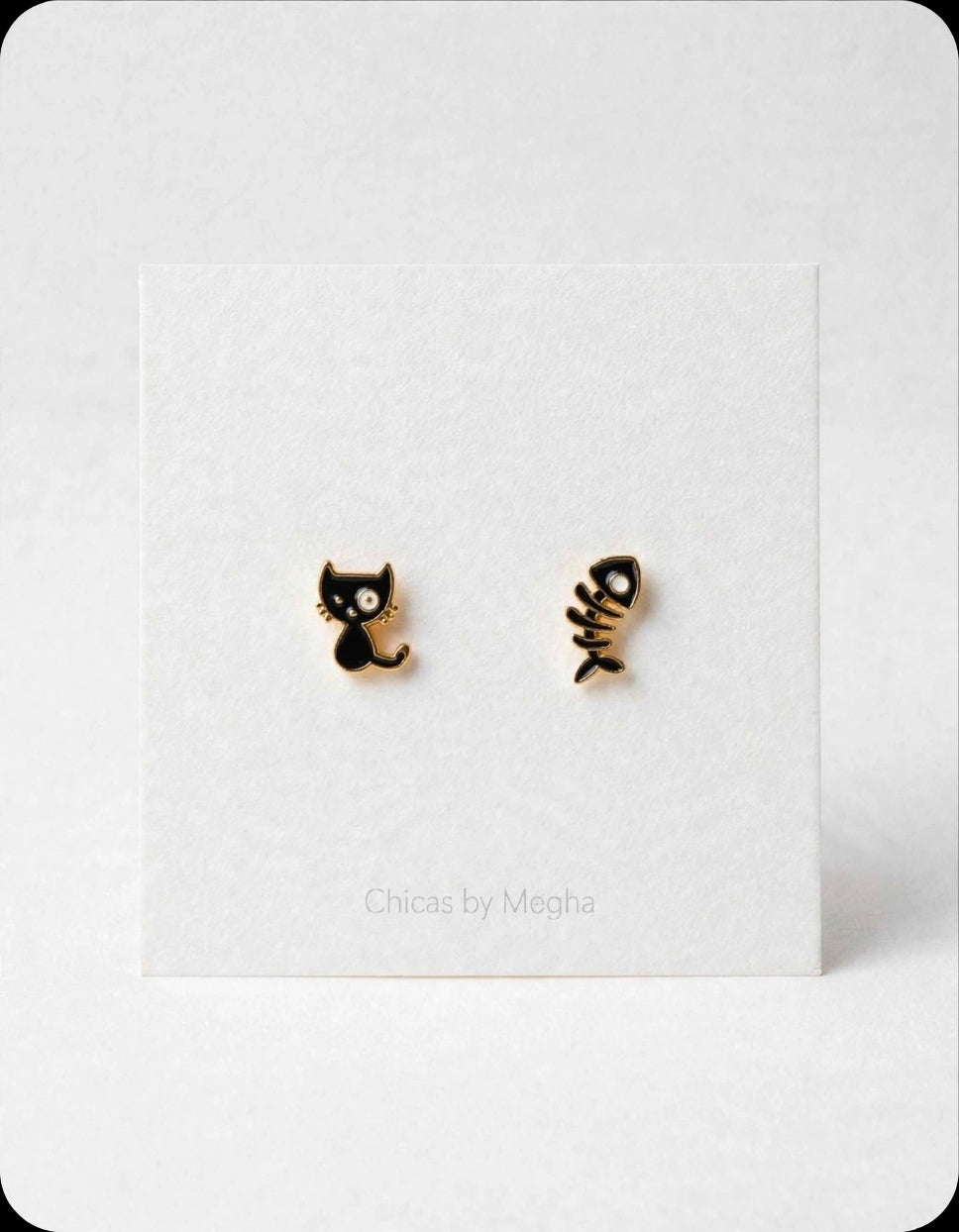 Kitty's Catch - Mismatched Cat & Fishbone Stud Earrings