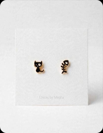 Kitty's Catch - Mismatched Cat & Fishbone Stud Earrings