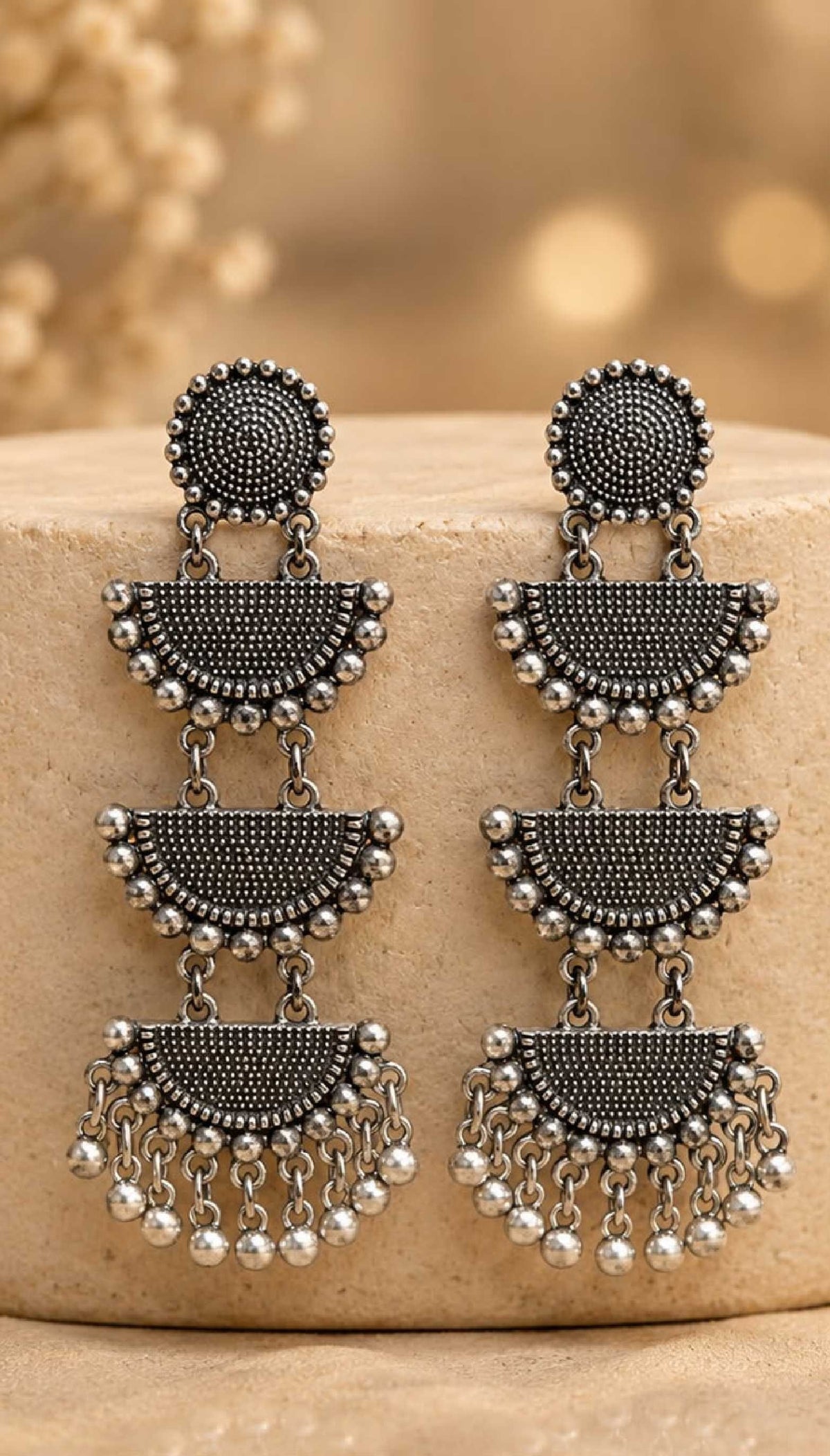 Chandni Triple Layer Oxidized Silver Statement Dangler Earrings