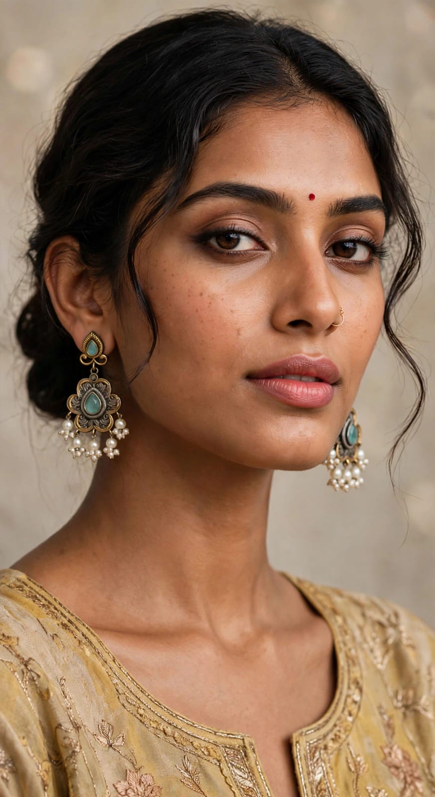 Dual Tone Floral Pearl Earrings With Stone