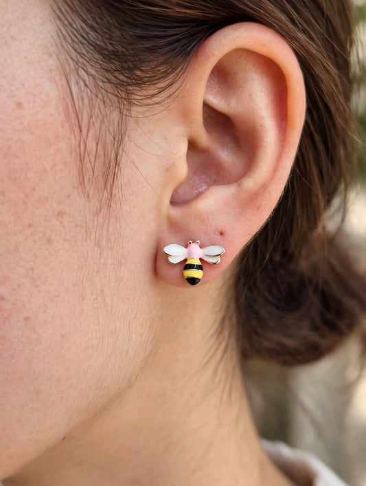 Pink & Yellow Honey Bee Enamel Stud Earrings