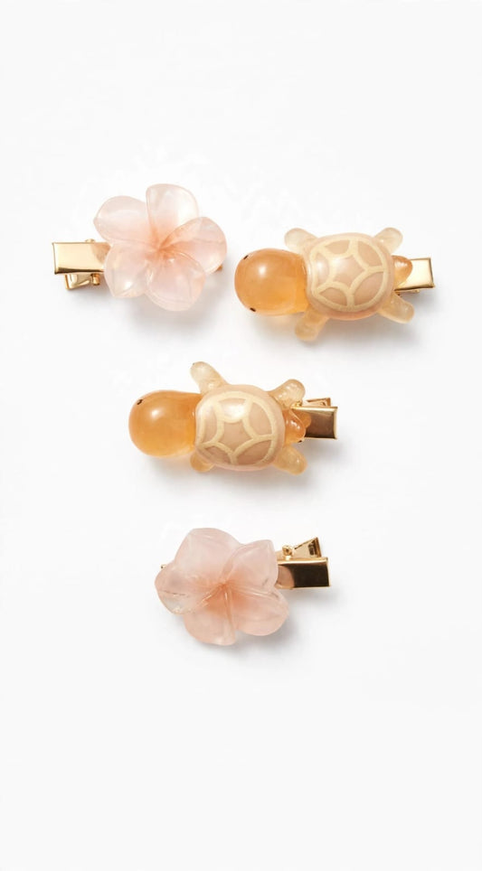 Turtle & Flower Hair Clips Set - Pack of 4