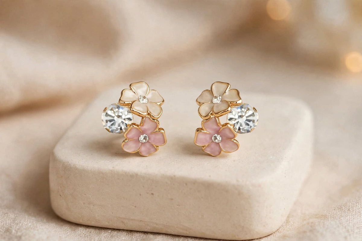 Enamel Flower Cluster Earrings Pink Floral Crystal Studs