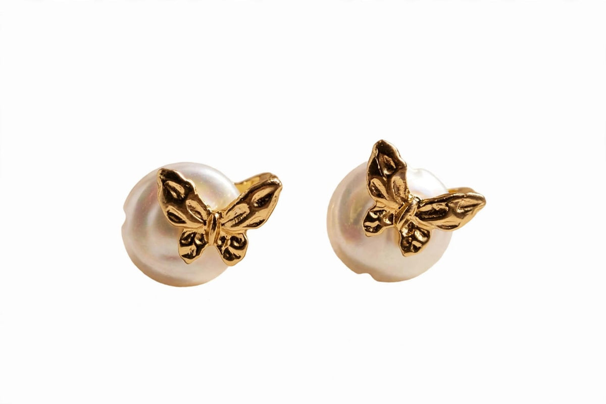Papillon Gold Butterfly Pearl Stud Earrings