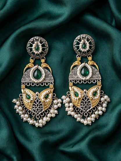 Dual-Tone Oxidized Silver Statement Jhumka Earrings with Pearls