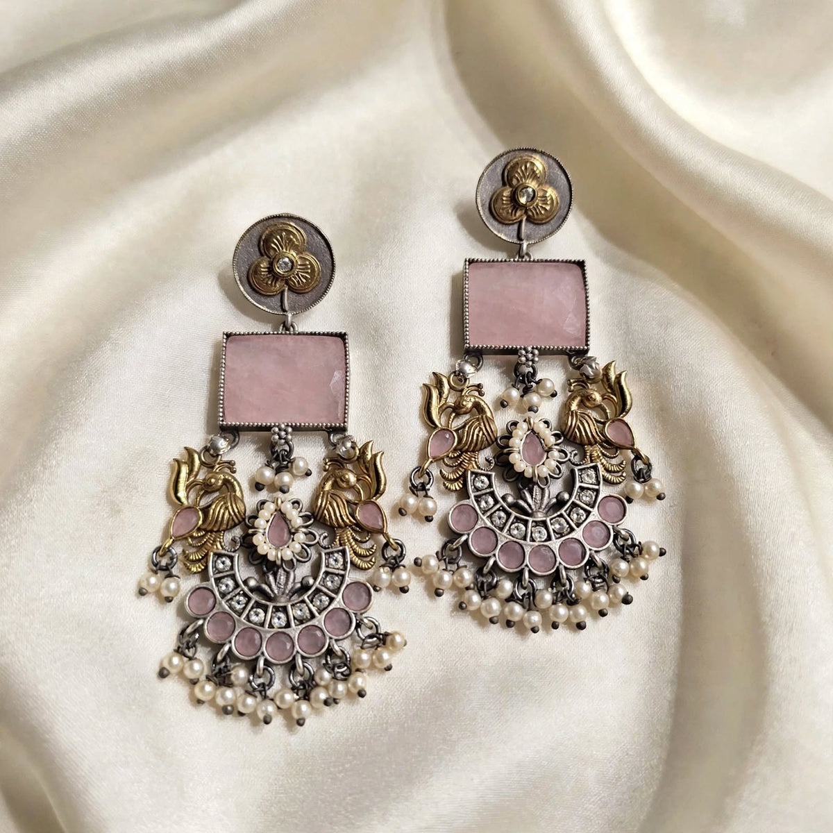 Dual Tone Peacock Long Earrings With Stone